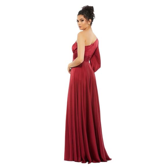 NWT IEENA for MAC DUGGAL 67866 Burgundy One Shoulder Bishop Sleeve Flowy Gown - Picture 12 of 12